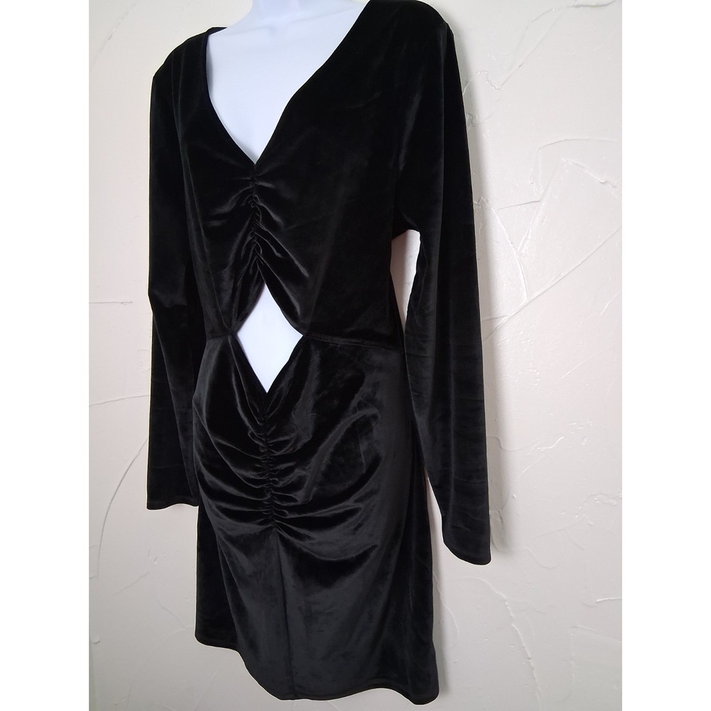 Abercrombie And Fitch Velour Black‎ Dess XL Body Con Mini Cut Out Waist V Neck - Picture 3 of 8